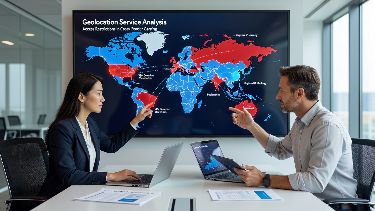 Network diagrams showing geolocation checkpoints in cross-border gaming infrastructure