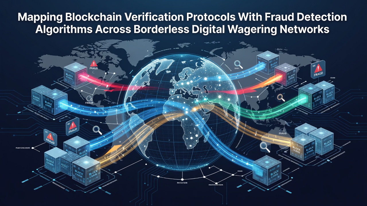 Blockchain nodes connected to fraud detection systems in a digital wagering network visualization