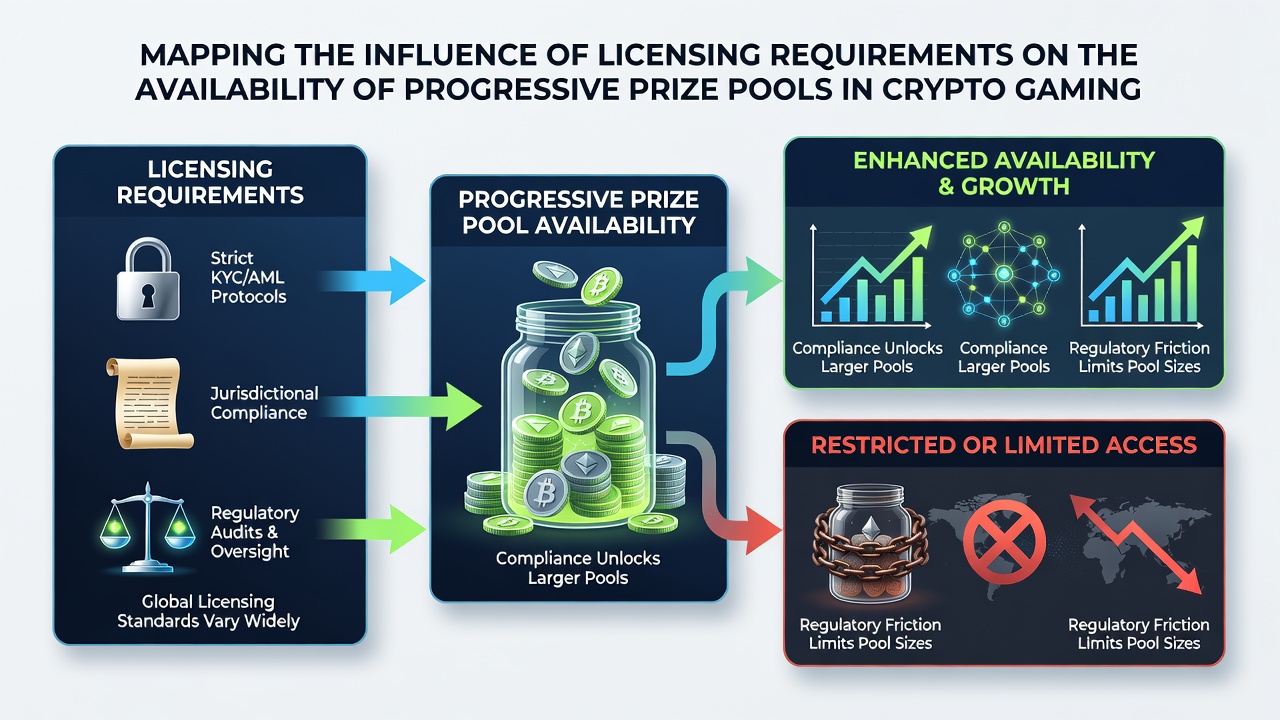 Network diagram illustrating progressive prize pool distribution across licensed jurisdictions with regulatory checkpoints