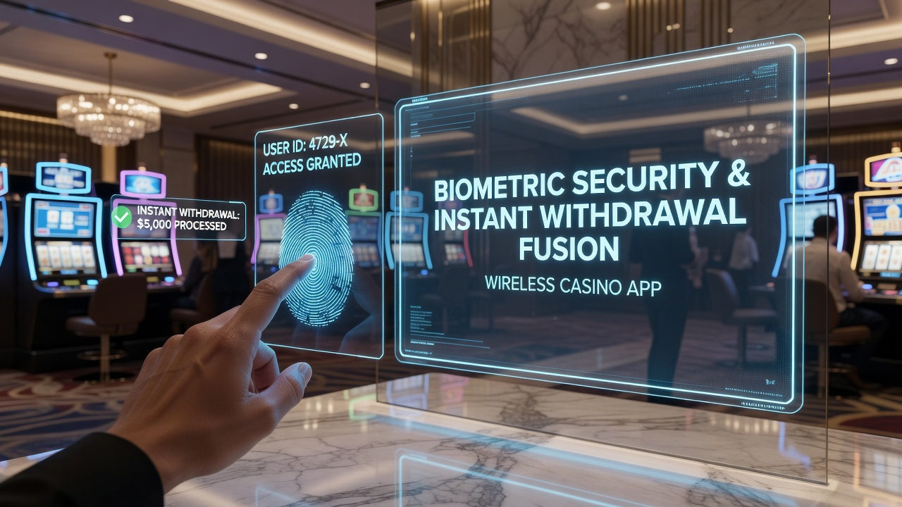 Mobile device displaying instant withdrawal confirmation after biometric scan in a casino application interface