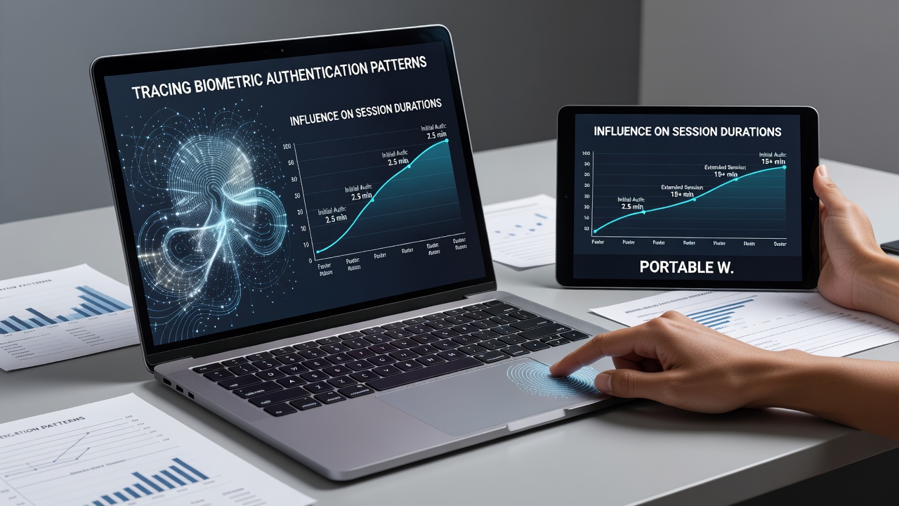 Analytics dashboard displaying session duration metrics tied to biometric authentication types across mobile devices